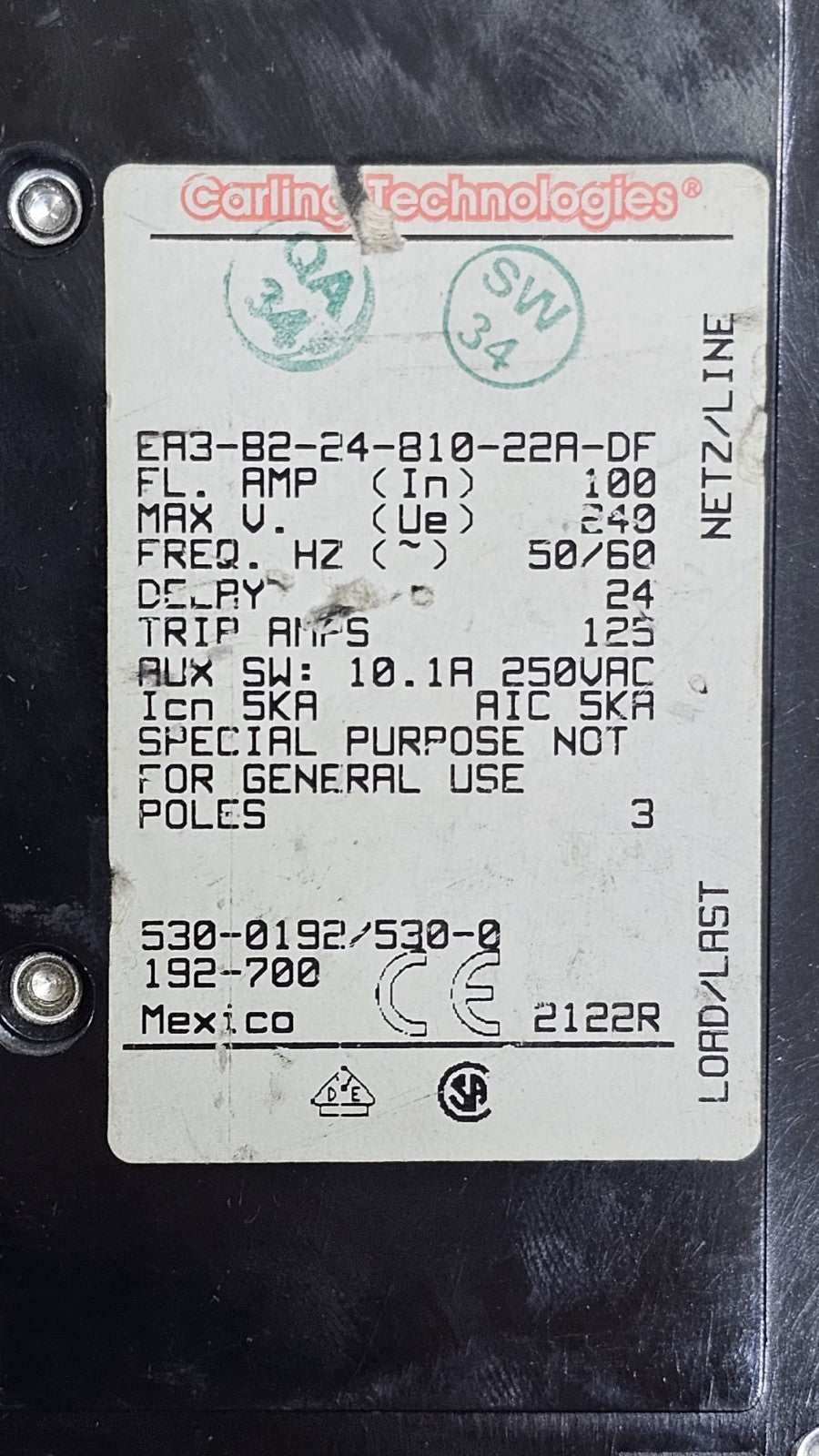 Carling Technologies |  ER3B22481022ADF | Circuit Breaker | 100A3