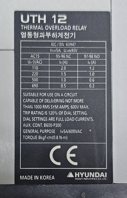 Hyundai UTH12K A0005S Thermal Overload Relay |3 A to 5 A| 690V, Made in Korea3