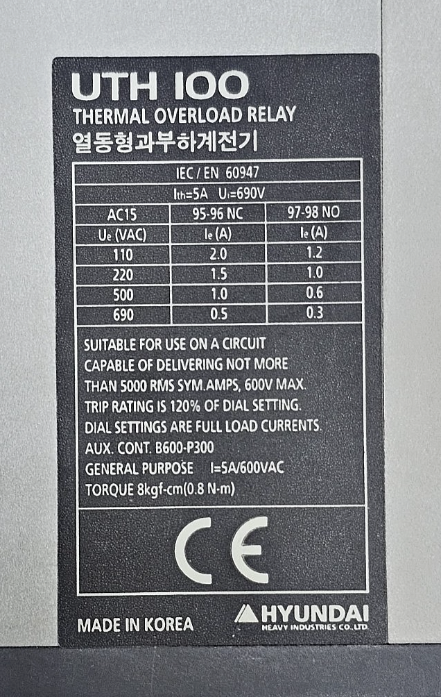 Hyundai UTH100K A0085S Thermal Overload Relay |59 A to 85 A| 690V, Made in Korea3