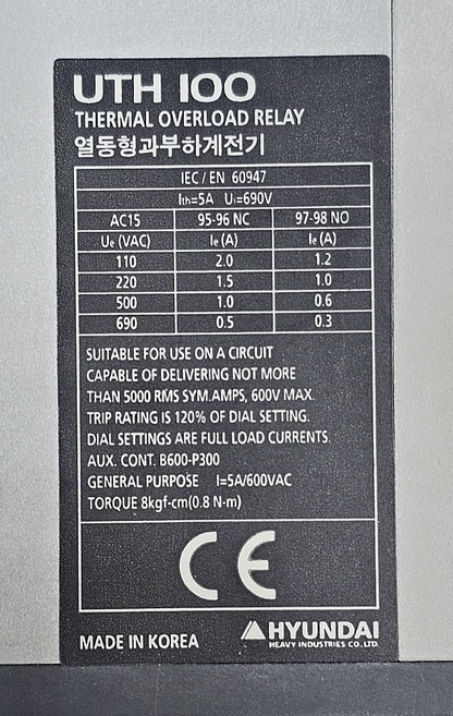 Hyundai UTH100K A0085S Thermal Overload Relay |59 A to 85 A| 690V, Made in Korea3