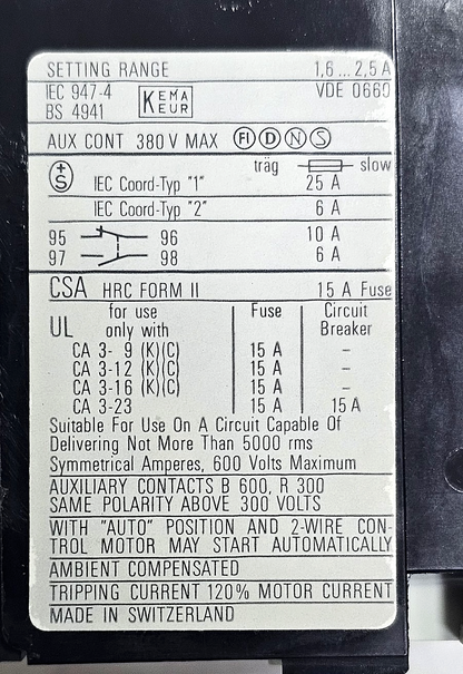 (1 piece) Sprecher+Schuh | CT312 | Thermal Overload Relay | 2.5 A660 V5