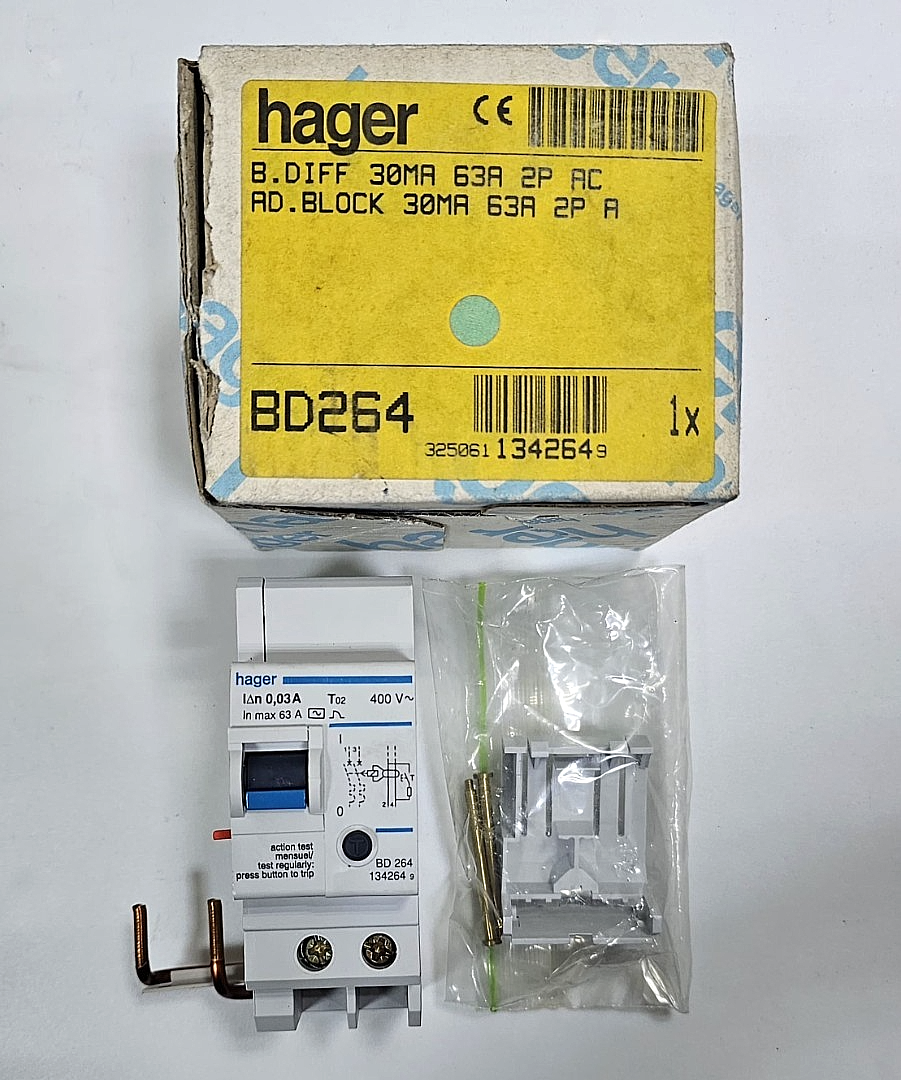 Hager BD264 RCCB AddOn Block | 30mA | 63A | 2P | Type AC | Made in France0