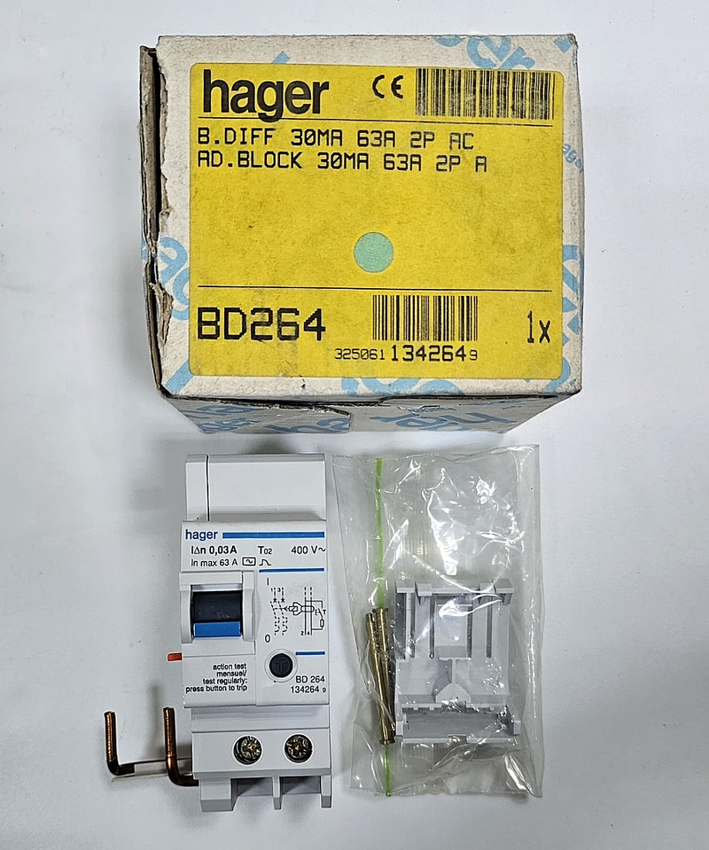 Hager BD264 RCCB AddOn Block | 30mA | 63A | 2P | Type AC | Made in France0