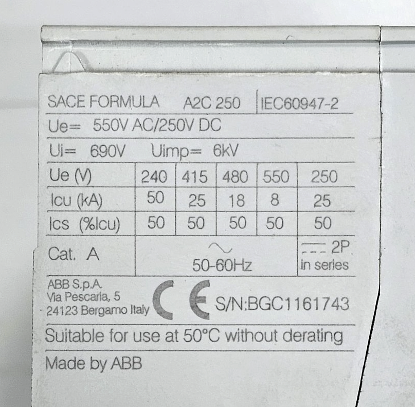 ABB | SACE FORMULA A2 C250 | Circuit Breaker| 125 A | 1SDA066775R17