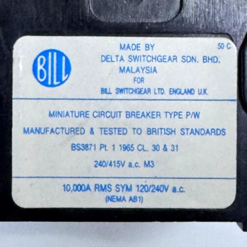 Bill Switchgear Circuit Breaker Type P/W | 60A MCB | 240/415V AC Made in UK2