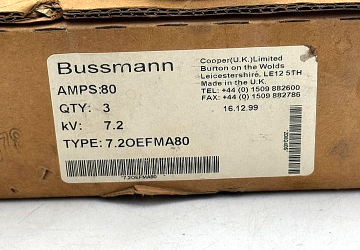 Bussmann 7.20EFMA80 | 80 A  Medium Voltage Fuse | Made in UK ( Pack of 3 pcs )2