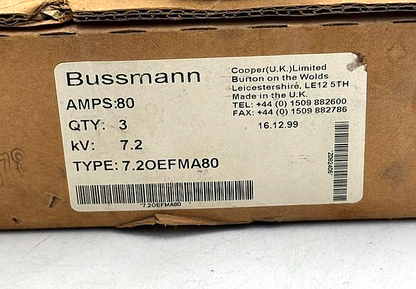 Bussmann 7.20EFMA80 | 80 A  Medium Voltage Fuse | Made in UK ( Pack of 3 pcs )2
