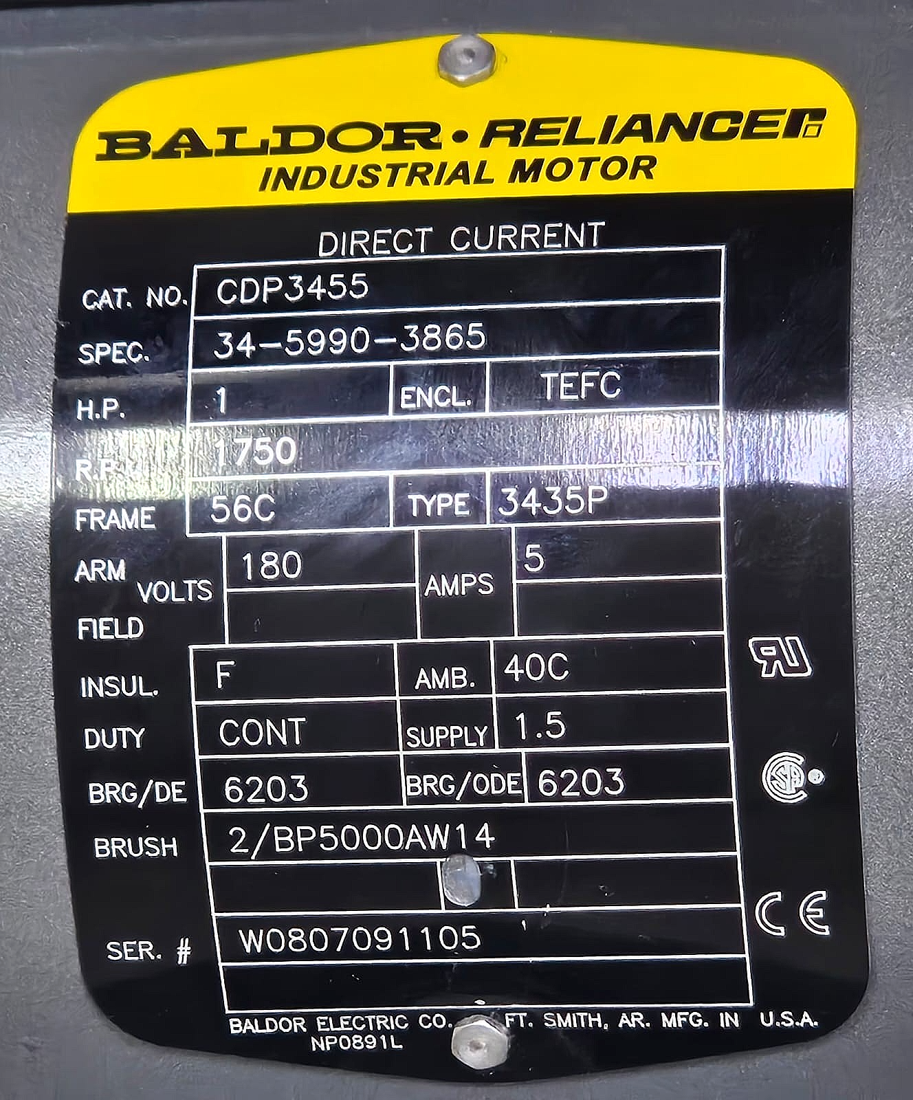Baldor Reliancer | 3435P | DC Motor | 1 HP | 1750 RPM | 180V. 5A |  34599038654
