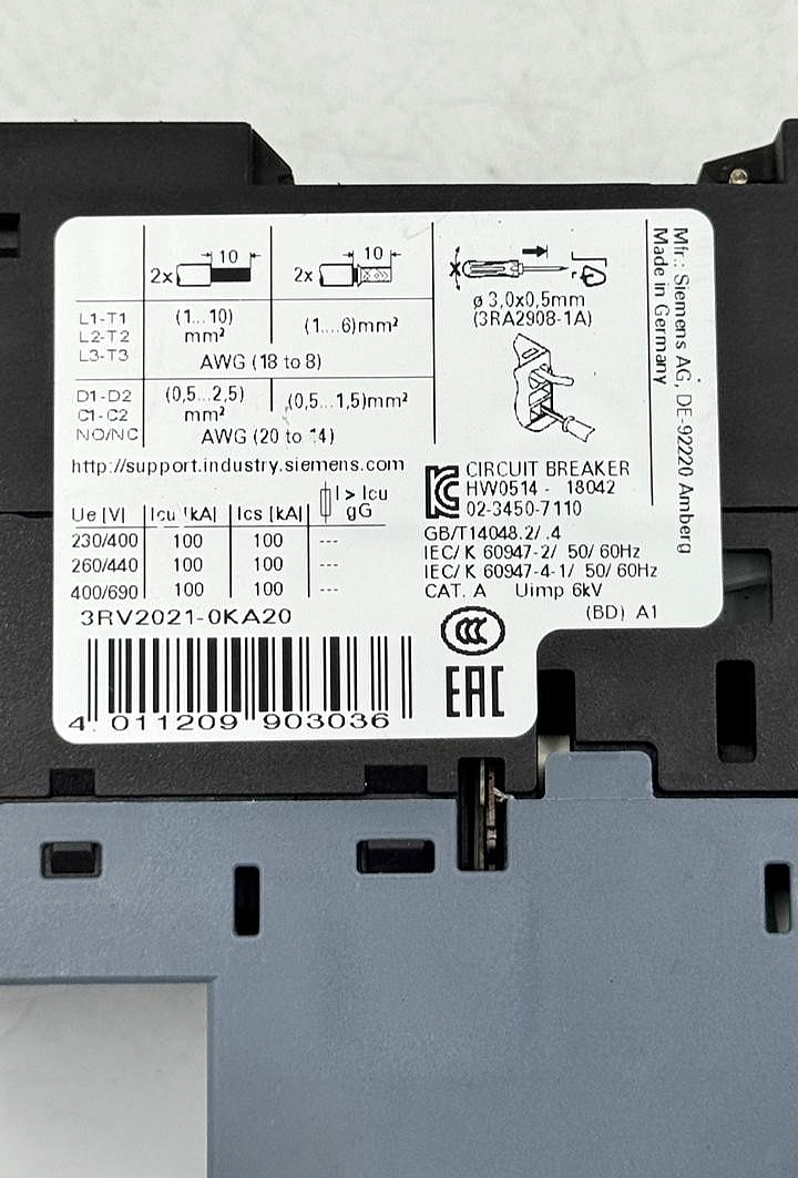 Siemens 3RV20210KA20 Motor Protection Circuit Breaker | 0.9–1.25A ( 1 pcs )6