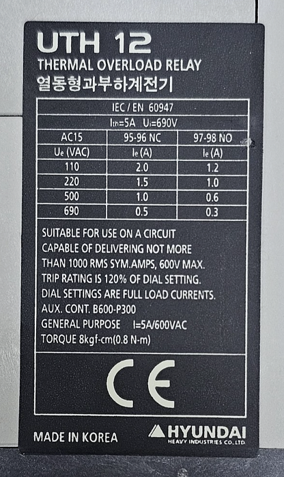 Hyundai UTH12K A4P20S Thermal Overload Relay |2.8 A to 4.2A| 690V, Made in Korea3
