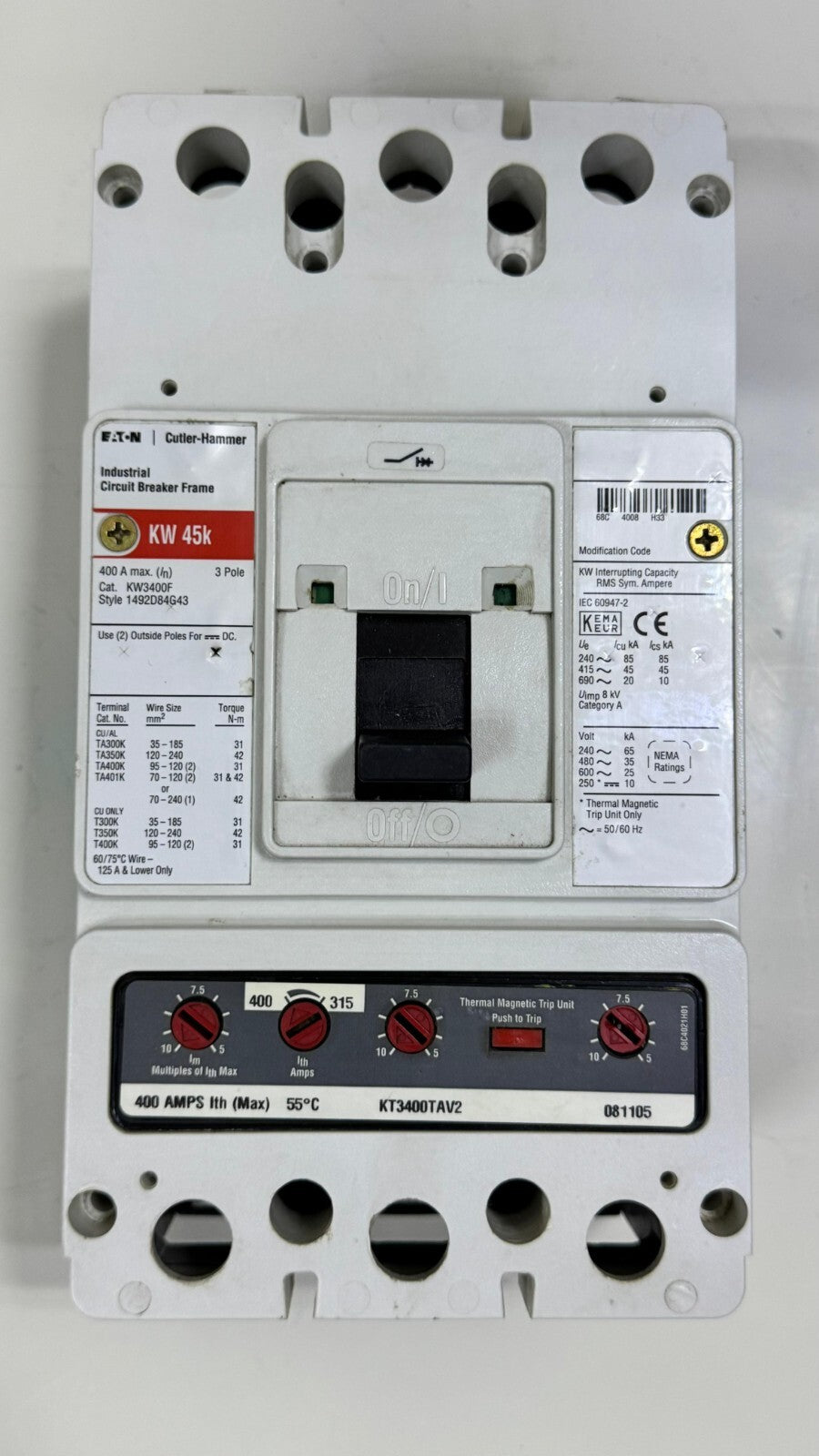 Eaton CutlerHammer KW3400F 3 Pole Industrial Circuit Breaker Frame KW 45k 400A0
