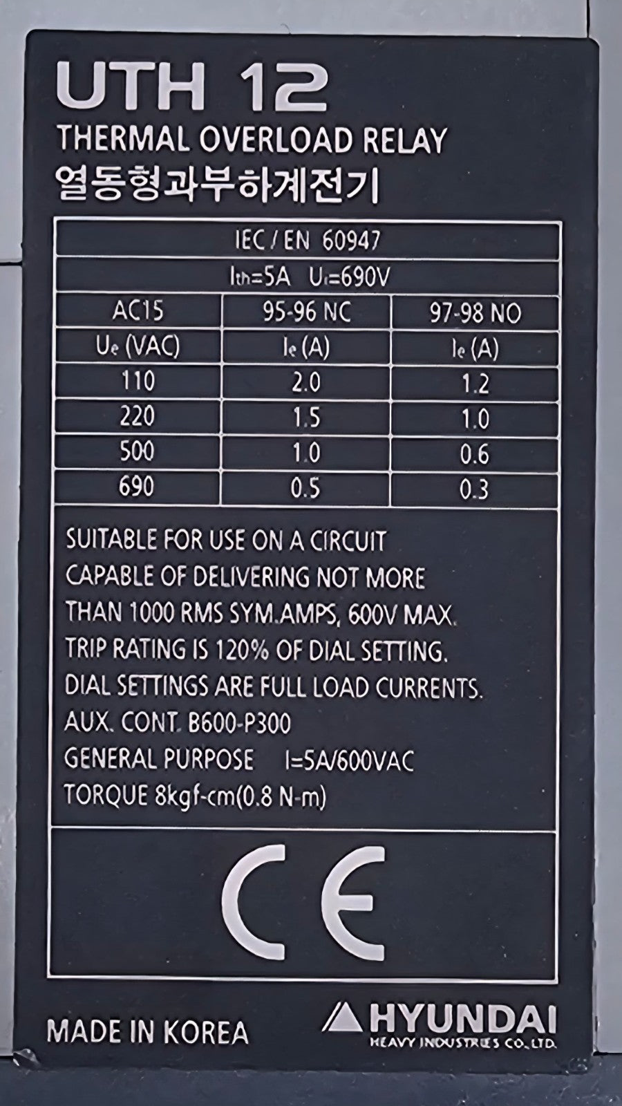 Hyundai UTH12K A0006S Thermal Overload Relay |4 A to 6 A| 690V, Made in Korea3