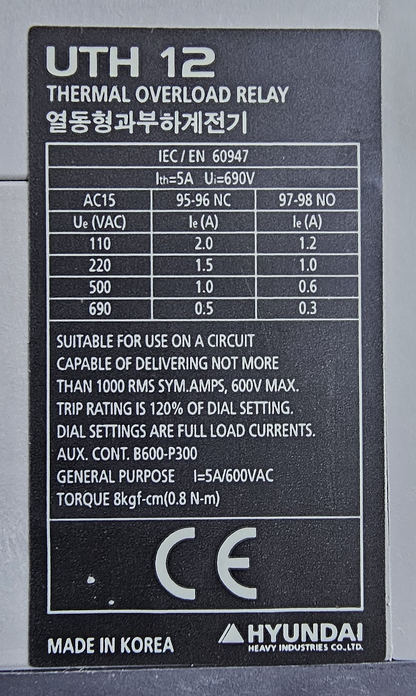Hyundai UTH 12K A0012S Thermal Overload Relay |8 A to 12 A| 690V, Made in Korea3