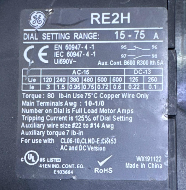 GE | RE2H | Thermal Overload Relay | 75A | Free Shipping3