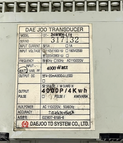 Daejoo DT-34WWH-L11 w&watt Hour Transducer | AC 110/220V - saleem al tamimi electric equipment trading co llc-UAE