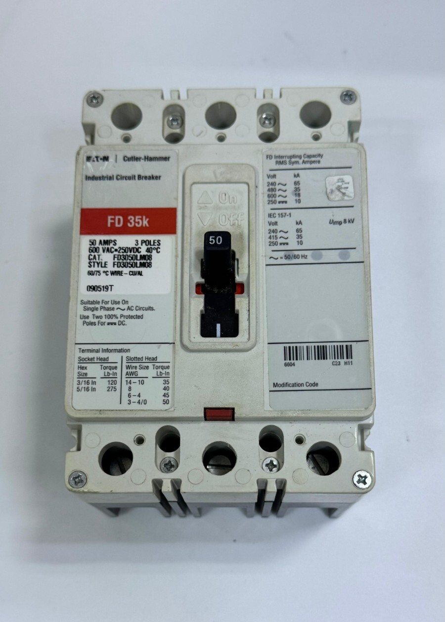 EATON CutlerHammer FD3050LM08 Circuit Breaker – 50A, 3Pole, 600VAC/250VDC1