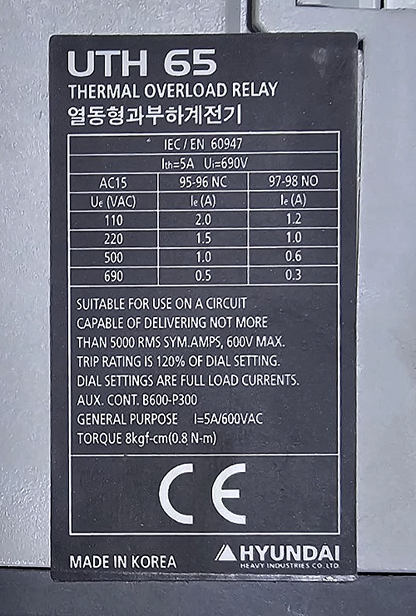 Hyundai UTH65K A0022S Thermal Overload Relay | 15A to 22A | 690V, Made in Korea3