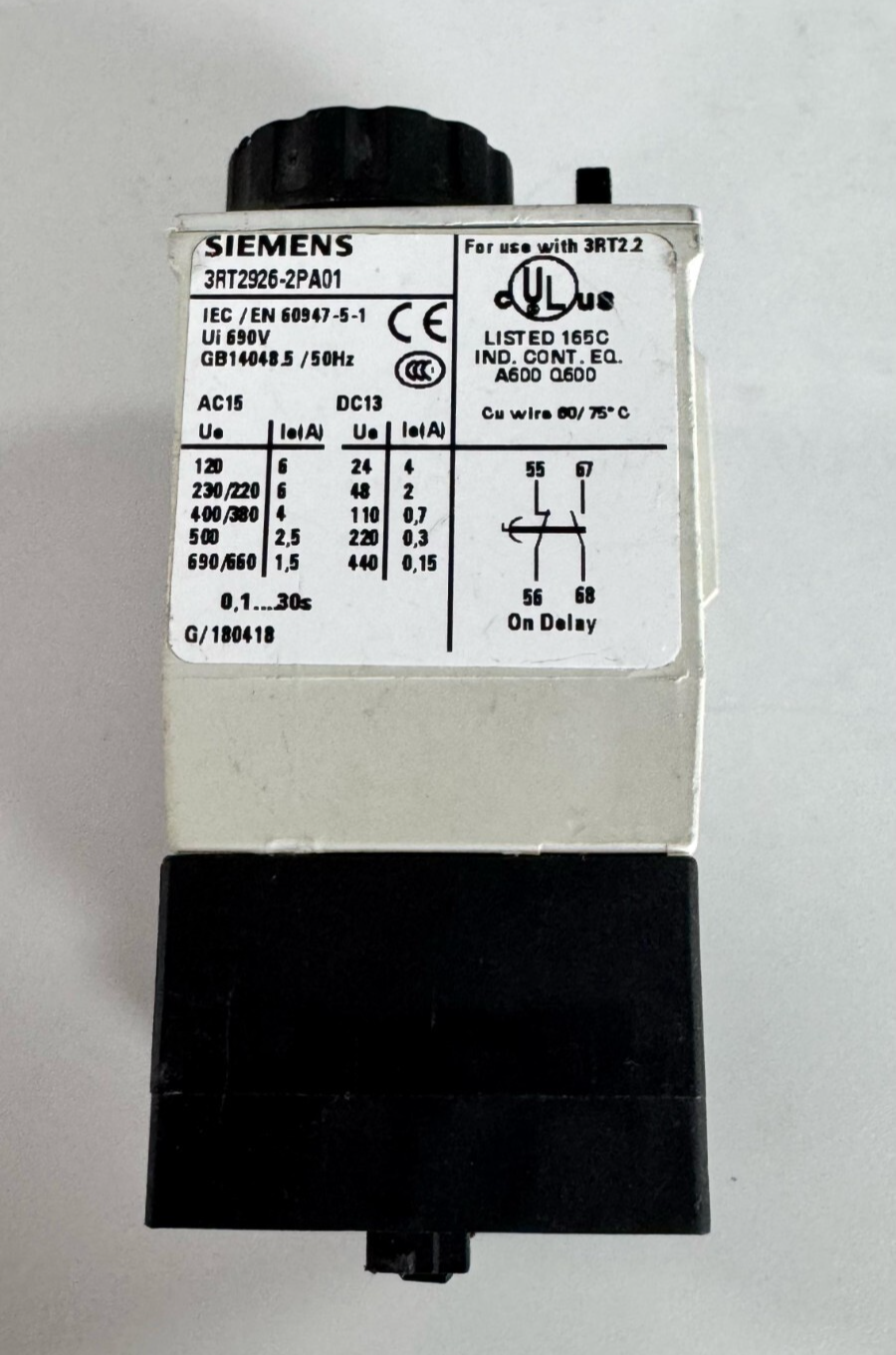Siemens 3RT29262PA01 On Delay Timer Relay 0.1–30s 690V 6A2