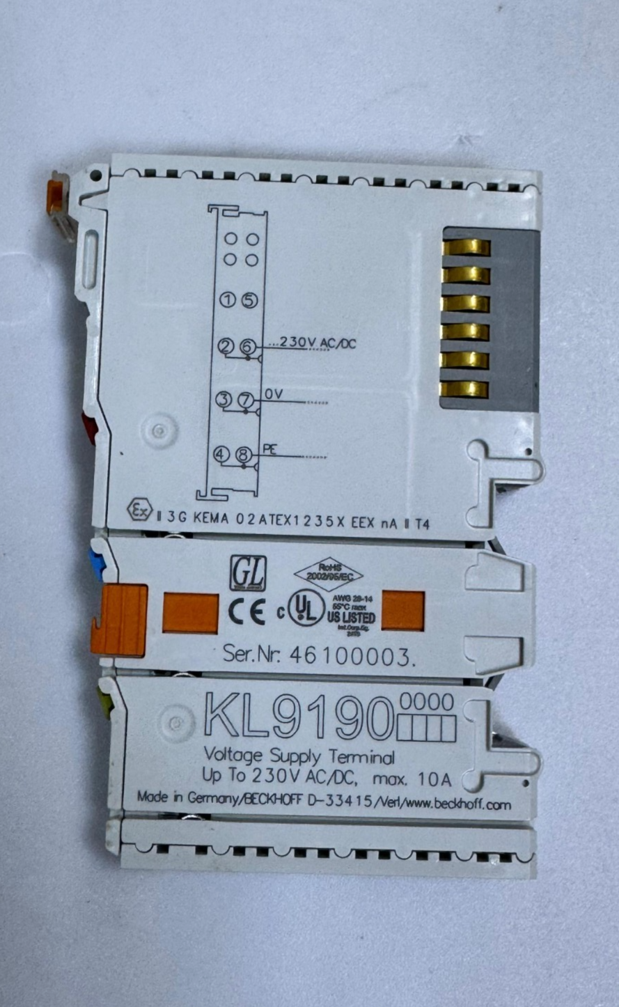 Beckhoff KL9190 Voltage Supply Terminal –Up to 230V AC/DC, Max. 10A0
