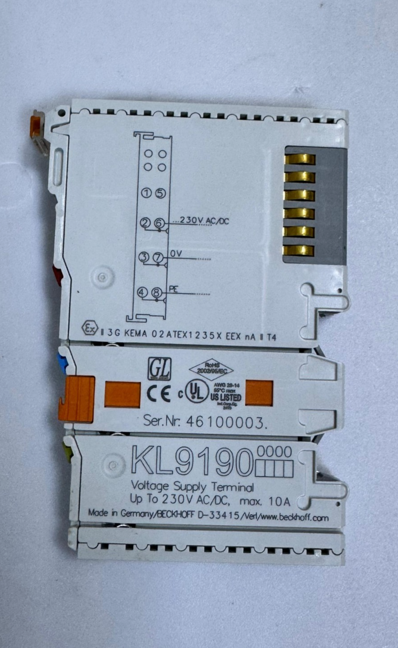 Beckhoff KL9190 Voltage Supply Terminal –Up to 230V AC/DC, Max. 10A0