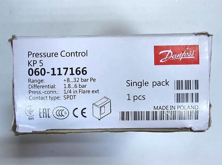 Danfoss KP5 Pressure Control Switch | 060117166 | 8–32 Bar Range | 1/4" Flare2