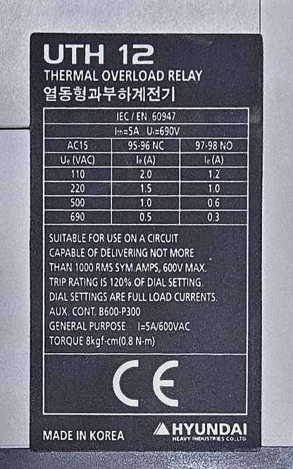 Hyundai UTH12K A1P60S Thermal Overload Relay |1.1A to 1.6A| 690V, Made in Korea3