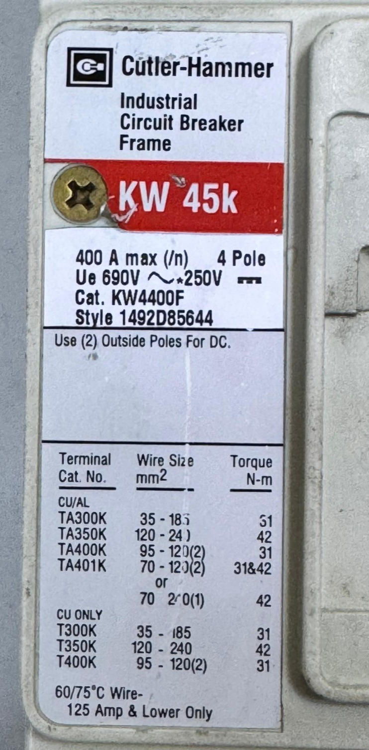 Cutler Hammer | Industrial Circuit Breaker KW4400F | KW 45K | 400A | Made In USA2