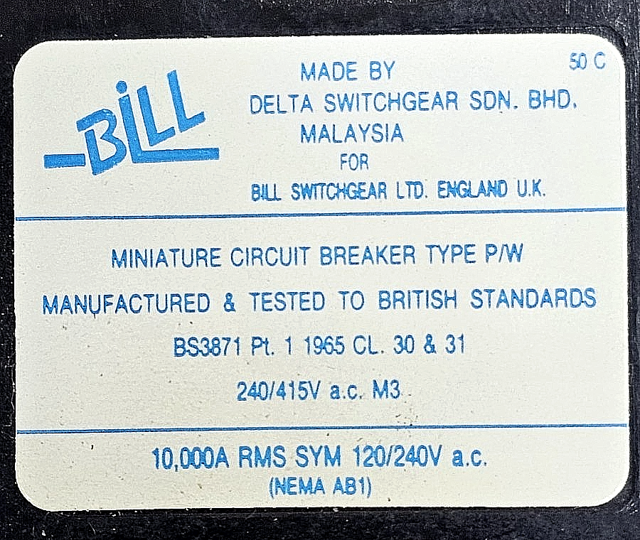 Bill Switchgear | P/W | Miniature Circuit Breaker (MCB) | 40 A | UK MADE3