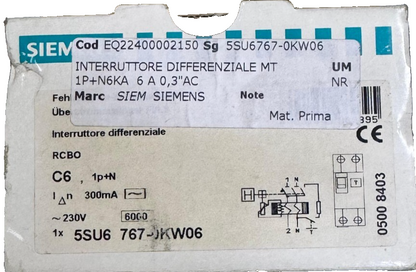 Siemens 5SU67670KW06 Residual Current Circuit Breaker 230V , 6A, 0.3AC6