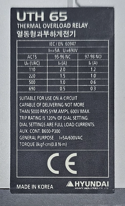 Hyundai UTH65K A0025S Thermal Overload Relay | 17 A to 25 A| 690V, Made in Korea3