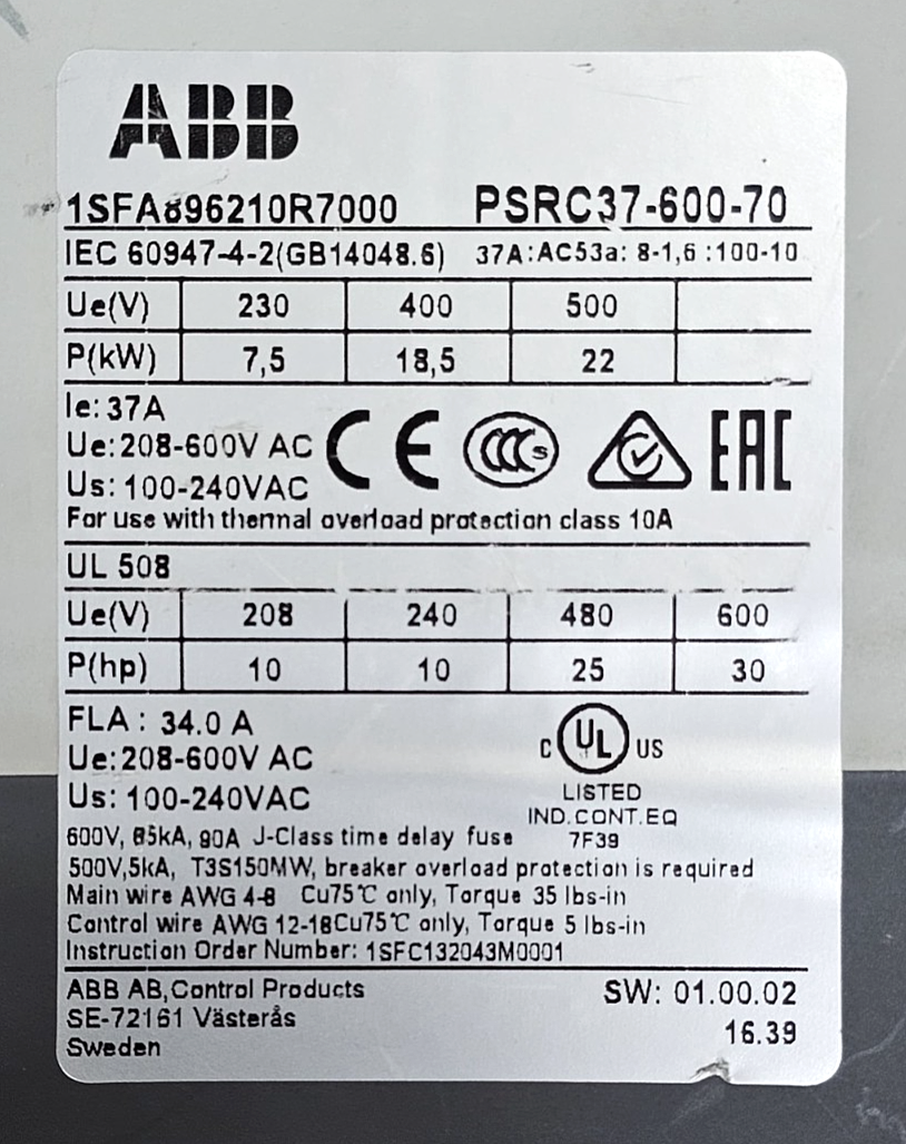 ABB | PSRC3760070 Soft Starter | 37A | 600VAC | Fast Shipping - saleem al tamimi electric equipment trading co llc-UAE