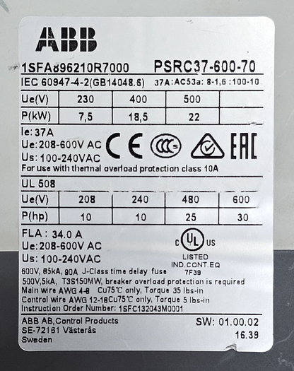 ABB | PSRC3760070 Soft Starter | 37A | 600VAC | Fast Shipping - saleem al tamimi electric equipment trading co llc-UAE