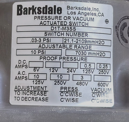 Barksdale D1T-M3SS | Pressure & Vacuum Actuated Switch | Made in USA (  1 pcs) - saleem al tamimi electric equipment trading co llc-UAE