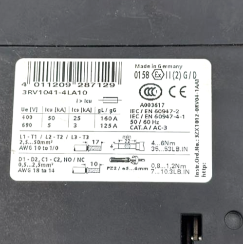 Siemens 3RV10414LA10 motor protection circuit breaker.| 90A | Made in Germany5