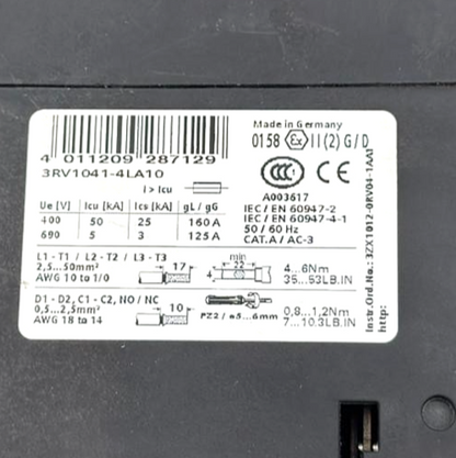 Siemens 3RV10414LA10 motor protection circuit breaker.| 90A | Made in Germany5