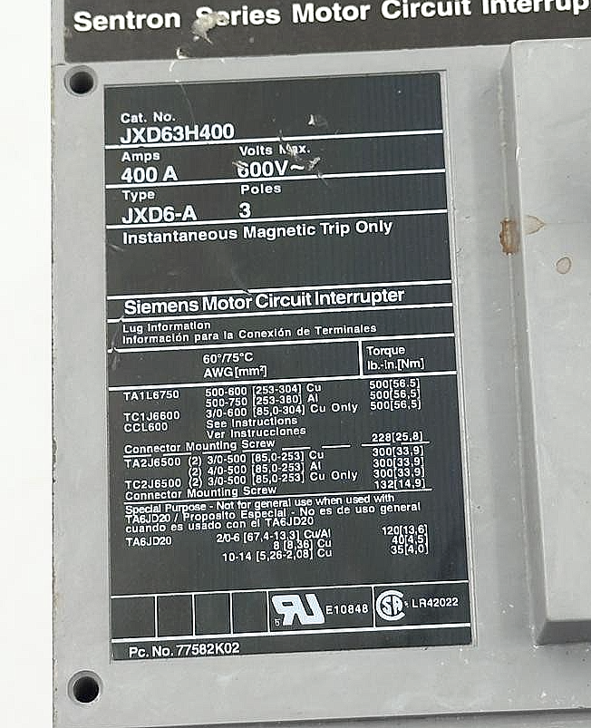 Siemens Sentron JXD63H400 Motor Circuit Interrupter | 400A 3Pole 600V - saleem al tamimi electric equipment trading co llc-UAE