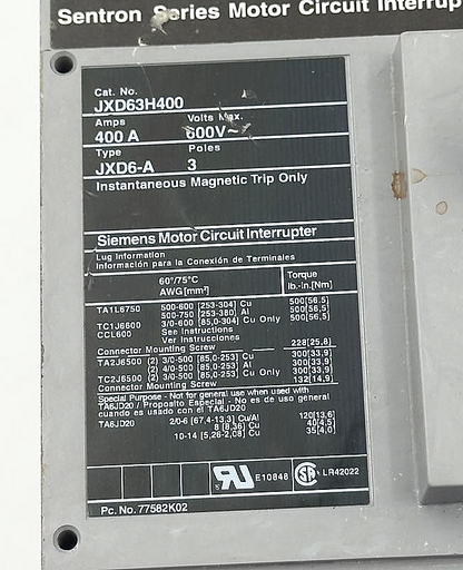Siemens Sentron JXD63H400 Motor Circuit Interrupter | 400A 3Pole 600V - saleem al tamimi electric equipment trading co llc-UAE