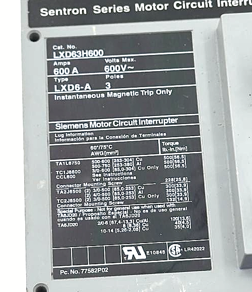 Siemens Sentron LXD63H600 Motor Circuit Interrupter | 600A | 3Pole | 600V - saleem al tamimi electric equipment trading co llc-UAE