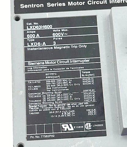 Siemens Sentron LXD63H600 Motor Circuit Interrupter | 600A | 3Pole | 600V - saleem al tamimi electric equipment trading co llc-UAE